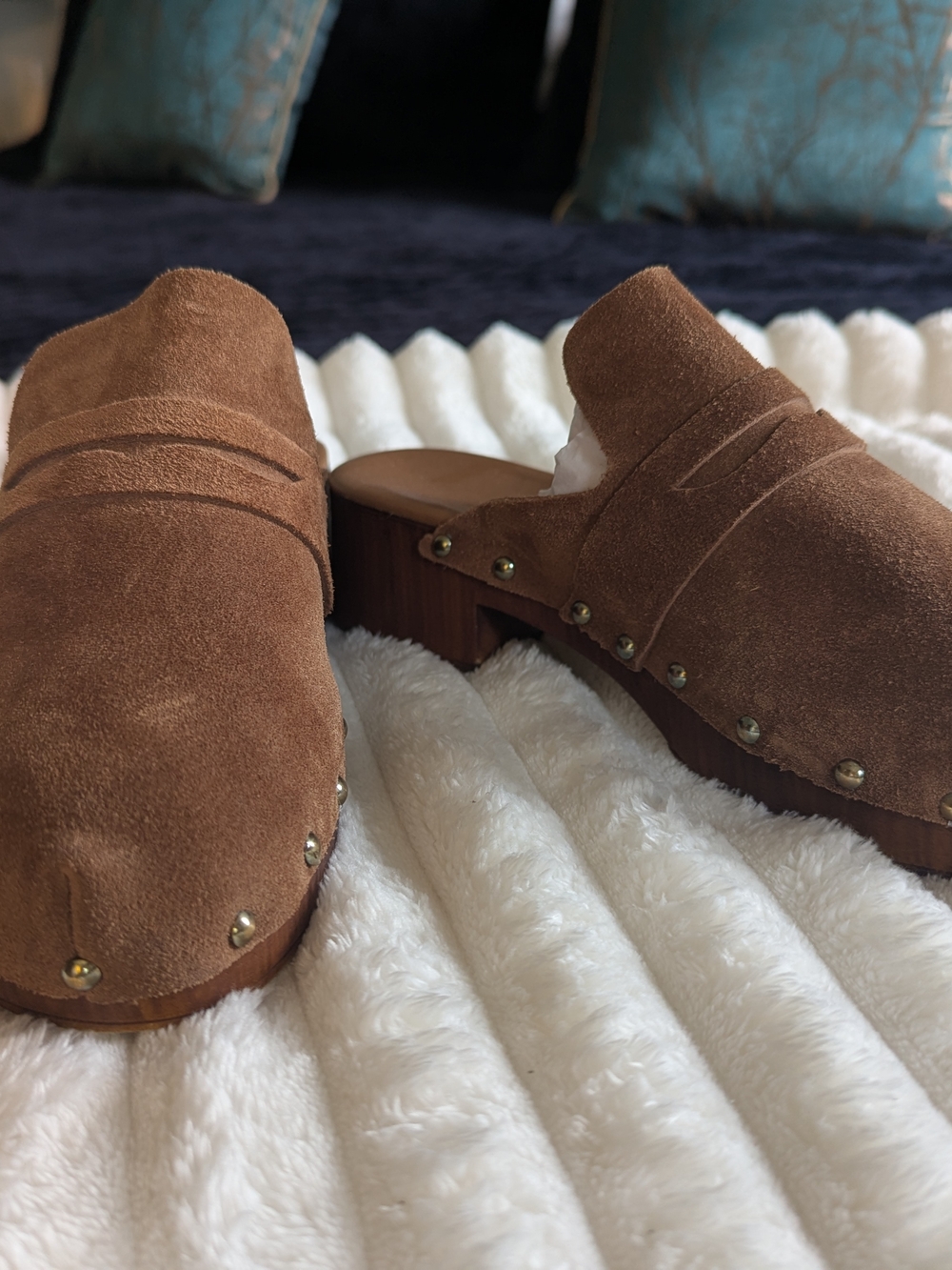 Women's Brown Suede Studded Clog Mules